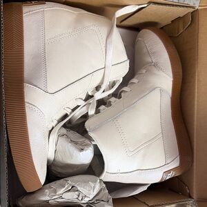 Sorel White Wedge Sneakers with Brown Accents